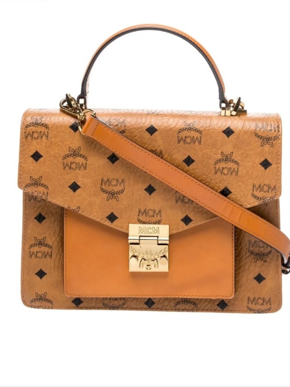 MCM Cognac Visetos Printed Leather Top Handle Satchel with Gold Hardware